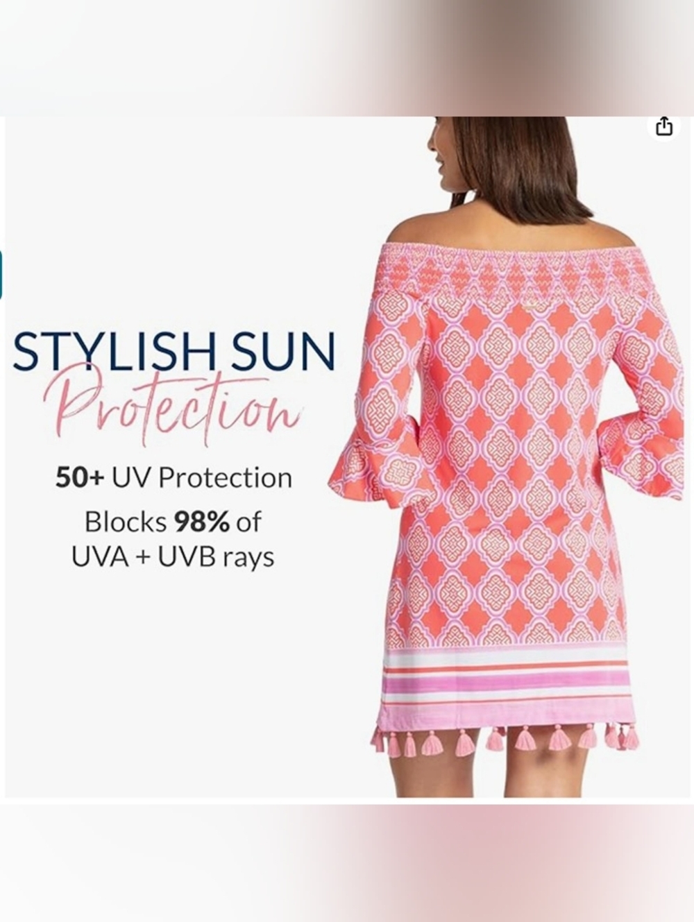 NWT Cabana Life Coral Geo Coverluxe Smocked Off the Shoulder Tassel Dress - Picture 4 of 13